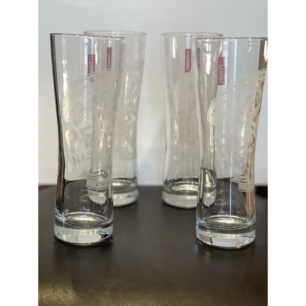 Peroni Nastro Azzurro Beer Glasses Set of 4 Tall Etched Pilsner Red Logo Tags